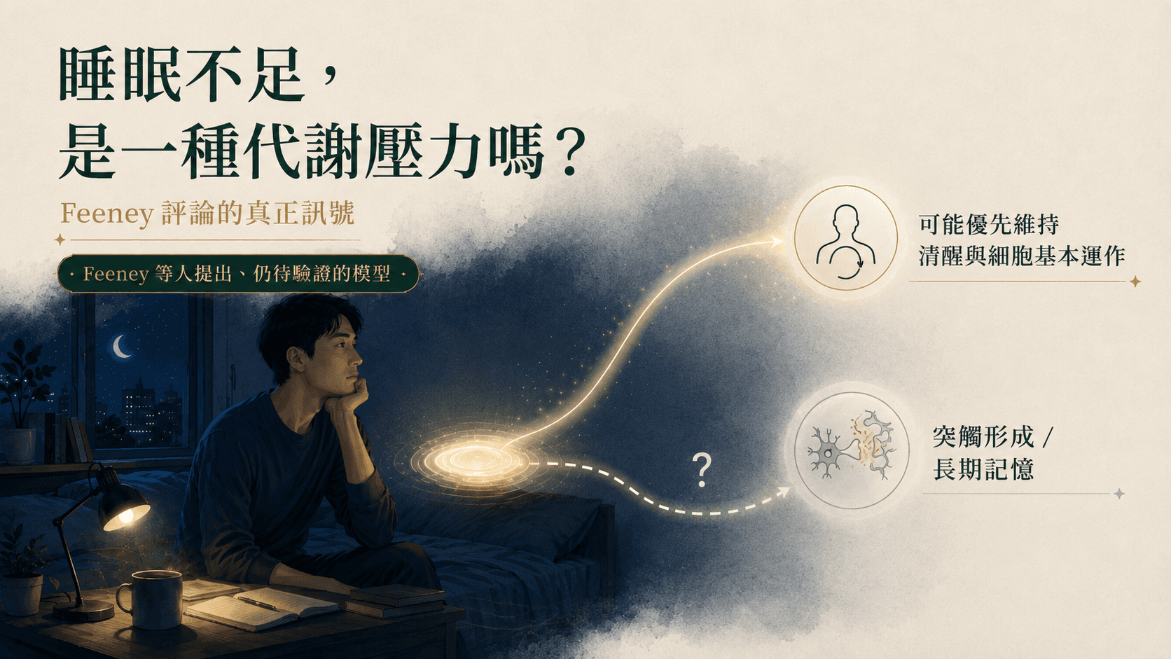 夜晚仍清醒的人物旁，能量流線可能優先通往維持清醒與細胞基本運作，另一條虛線與問號通往突觸形成及長期記憶；圖面標示這是 Feeney 等人提出、仍待驗證的模型。