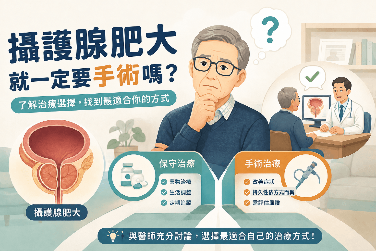 面對攝護腺肥大的男性比較生活調整、藥物與手術治療,並與醫師討論個人選擇。