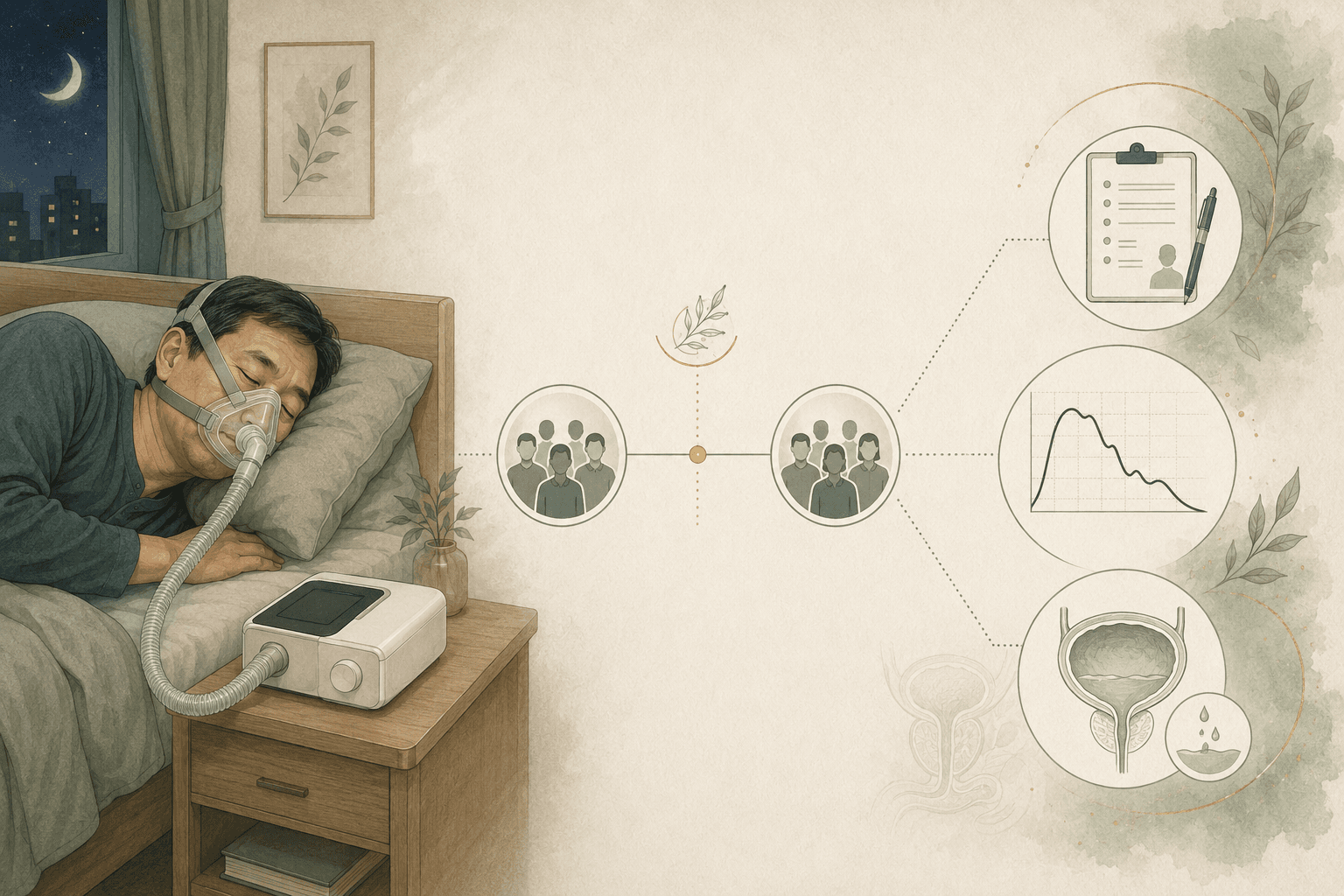 睡眠中的男性使用無品牌正壓呼吸面罩,中央以兩個等重節點呈現同一批人在 CPAP 前與至少六個月後接受評估,右側以症狀問卷、尿流曲線和膀胱餘尿圖示呈現測量項目。