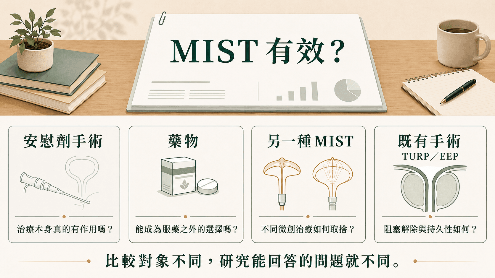 題為MIST有效的研究報告,下方並列安慰劑手術、藥物、另一種MIST與既有手術四種對照,分別回答基本療效、服藥替代、微創治療取捨,以及阻塞解除與持久性的問題。
