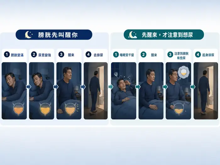 雙路徑衛教圖。左側顯示膀胱變滿、尿意增強、醒來再排尿;右側顯示睡眠先受干擾、人先醒來、才注意到膀胱有些尿,最後起身排尿。