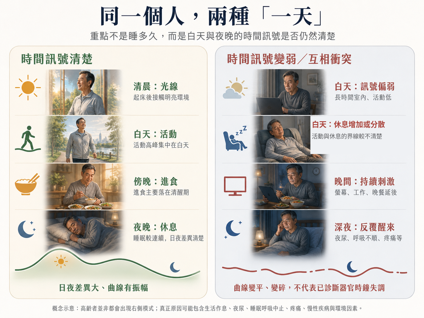 同一位中高齡男性的兩種一天:左側日夜差異清楚,右側白天活動降低、休息增加或分散、晚間刺激延後與夜間反覆醒來,休息活動曲線較平且較破碎。