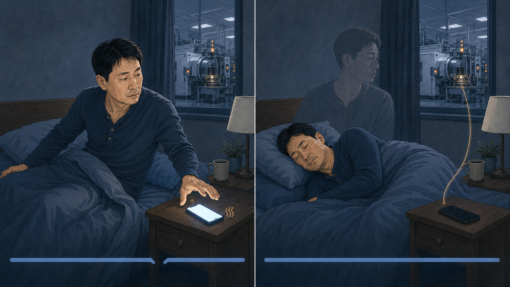 左側手機亮起、人物坐起,表示睡眠被實際中斷;右側手機全黑、人物仍躺著,但半透明警覺輪廓仍朝向手機。
