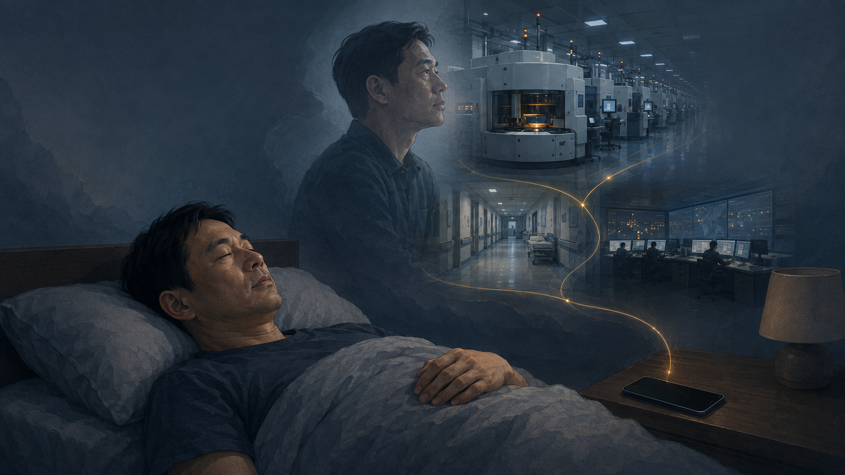 深夜臥室中,一名男子正在休息,半透明的警覺輪廓仍面向安靜的手機;遠處可見晶圓廠、醫院與調度空間。
