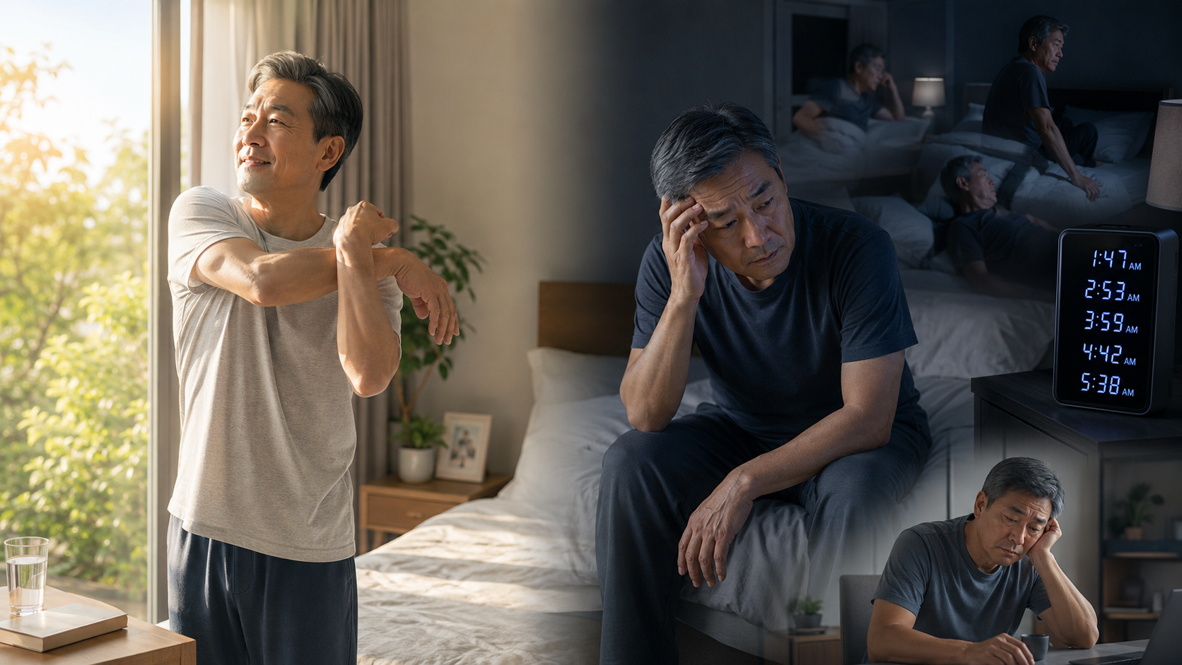兩位同齡男性,一位在清晨精神穩定地伸展,另一位因夜間反覆醒來而在白天感到疲倦。
